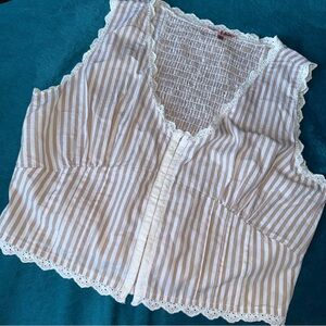 Bailey Rose frilly boho corset top tan and white stripe ruching lace trim